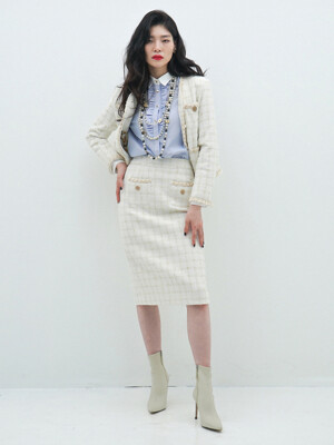 Metallic-Button Boucle Pencle Skirt(White)_UWS-FS17