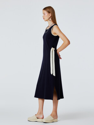 RIBBON POINT LONG SLEEVELESS DRESS(NAVY)