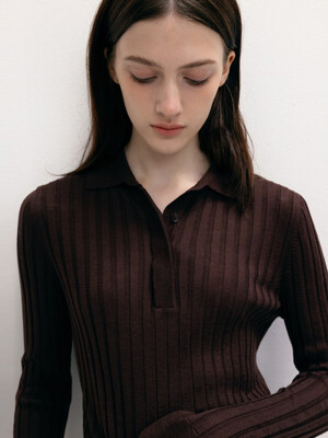Wool Blended Ribbed Button Collar Pullover  Chocolate Brown (WE3851T31D)