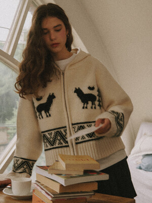 ALPACA JACQUARD HOOD ZIP-UP KNIT CREAM