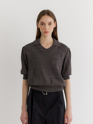 Checkerboard collared knitwear_Charcoal