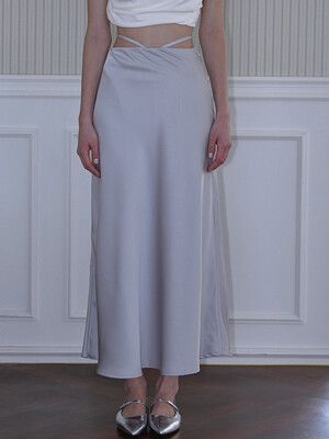 Side Strap Satin Long Skirt [Silver]