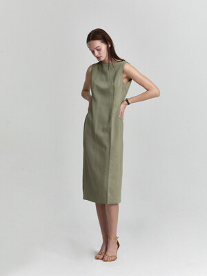 MIDI DEEP V-NECK SLIM DRESS_LIGHT KHAKI