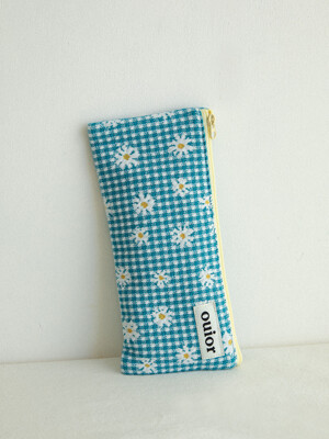 ouior flat pencil case - check flower teal (topside zipper)