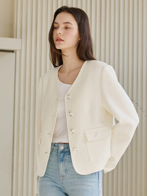 브이넥 카라 트위드 자켓 - 아이보리 / V-Neck Collar Tweed Jacket - Ivory