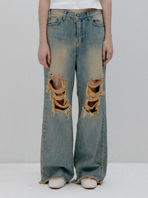 Washed ripped wide jeans. Blue