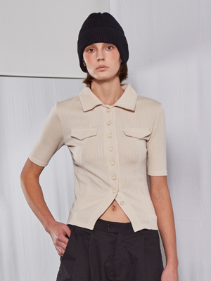 Collar Button Ribbed T-shirt (Beige)