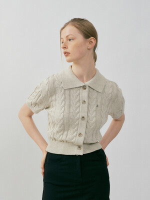 COTTON CABLE HALF SLEEVE CARDIGAN [OATMEAL]