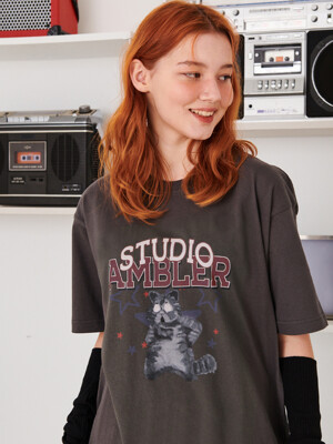 A playful cat Over fit T-Shirts AS1008 (Dark Gray)
