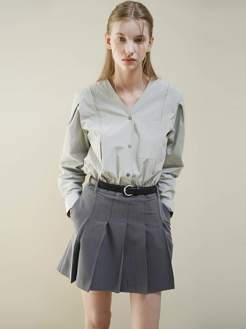 블라우스,셔츠 - 아티클레븐 (ARTICLEVEN) - DOREEN PLEATS V NECK SHIRTS BLOUSE (LIGHT GREEN)