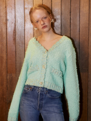 Flower Pearl Button Boucle Tweed Cardigan (L.Green)