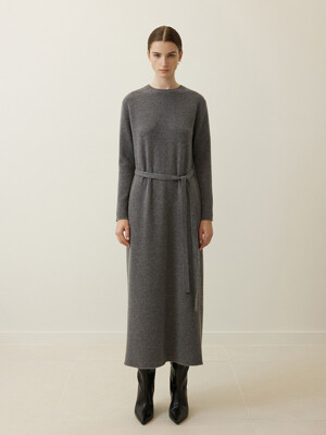 Cashmere Blend Belted Knit Dress Grey