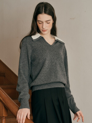 PM_Cashmere double collar knit top_GRAY