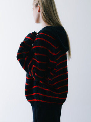 Over-Fit Stripe Hoodie Knit Cardigan Navy Red