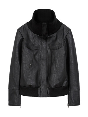 HIGH NECK LINE FAUX LEATHER JACKET_BLACK