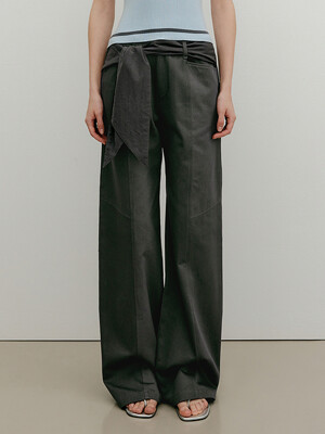 KNOTTED LAYERED COTTON WIDE PANTS - CHARCOAL