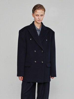 Oversized Double Wool Cash Half Coat _ Navy