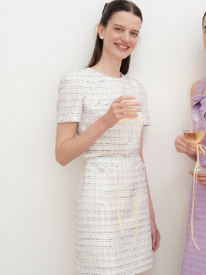 LINDSAY Round neck semi A-line tweed mini dress (White)
