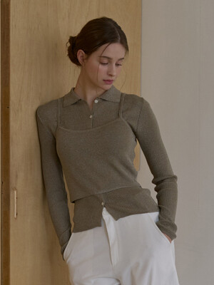 [SET]_metal collar cardigan+sleeveless-brown metal
