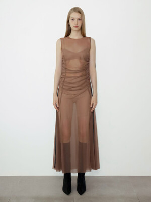 KENYS SHEER SHIRRED DRESS (BROWN)