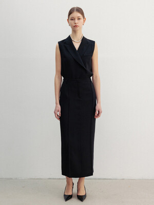 [SET]LEXY Peaked collar sleeveless blouse + SOLEIL H-line pin tucked maxi long skirt (Deep beige/Black)