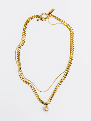 2CHAIN PEARL PENDANT NECKLACE GOLD
