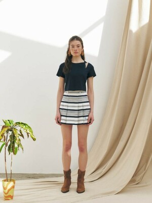 Striped Cotton Jacquard Pleated Skirt, Navy Stripe