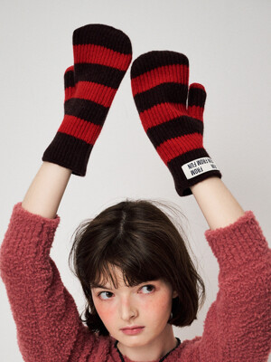 STRIPE MITTENS, RED+BROWN