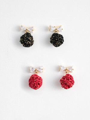 Mini crystal bow and knit ball earring (2colors)