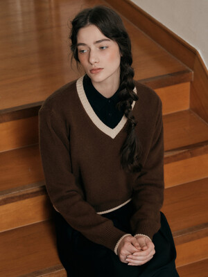 PM_V-neck vintage knit sweater_BROWN