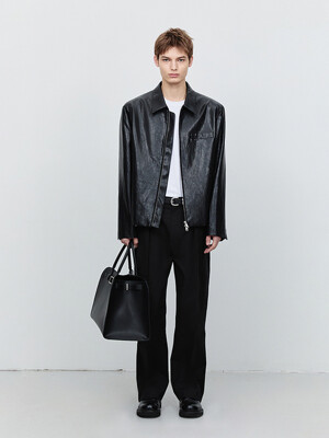 UNISEX COLLARED VEGAN LEATHER BLOUSON JACKET LEATHER BLACK_M_UDJU5A105BK