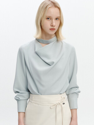 Hole Band Collar Cowl Neck Blouse