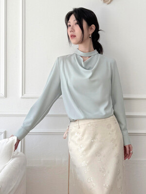 Hole Band Collar Cowl Neck Blouse