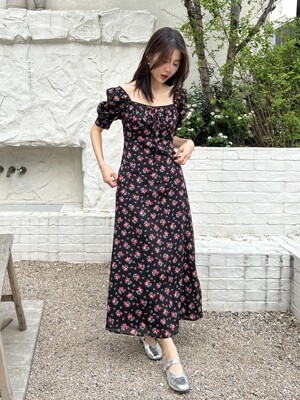 [단독]RIONA flower puff sleeve dress_BLACK