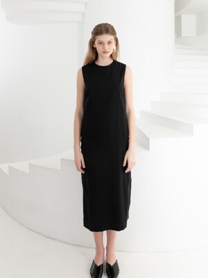 LINEN SLIT BUTTON DRESS . BLACK