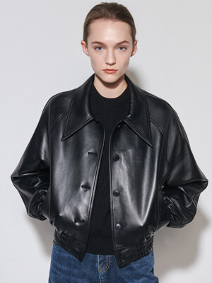 Leather wide collar blouson jacket - Black