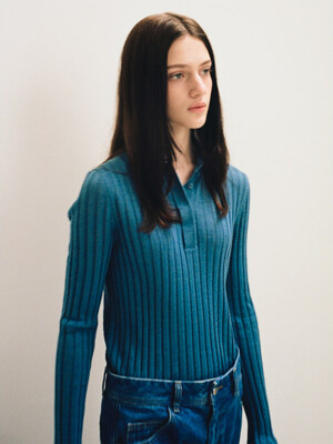 Wool Blended Ribbed Button Collar Pullover  Classic Blue (WE3851T31P)