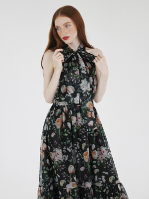 Airy halter long dress (Black Flower)