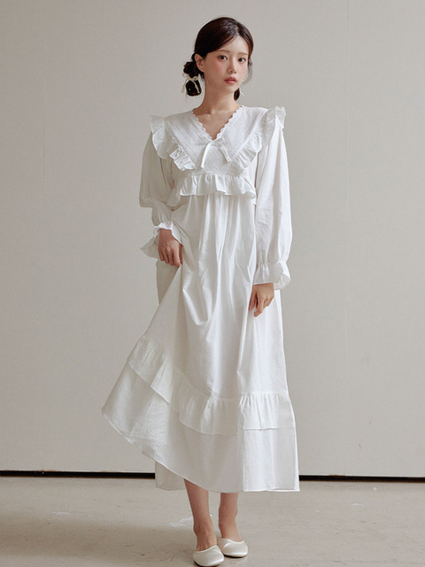 라운지웨어 - 루나루즈 스튜디오 (LUNALUZ STUDIO) - 여성 퀸즈 코튼 브이넥 원피스 잠옷