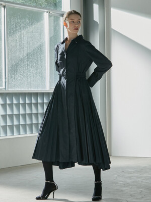 Open collar hidden pleats dress - navy