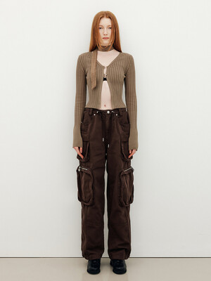 COTTON TWILL CARGO STRING WIDE PANTS - BROWN