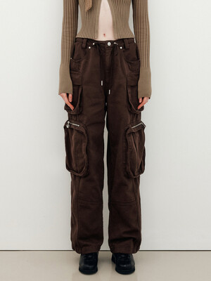 COTTON TWILL CARGO STRING WIDE PANTS - BROWN