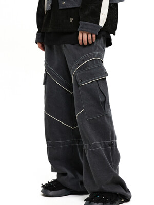 KNEE STRING CARGO DENIM PANTS - GRAY