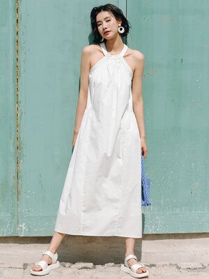 LS_White plain halter neck long dress