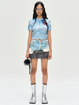 FAUX-DENIM& LEATHER PRINTED MINI SKIRT apa722w(DENIM/BLACK)