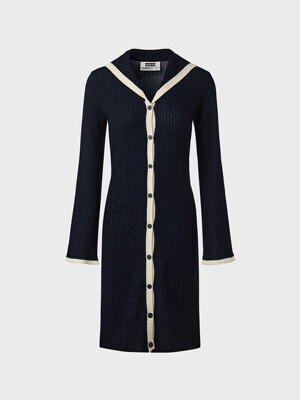 Sailor Collar Long Knit Cardigan - Navy