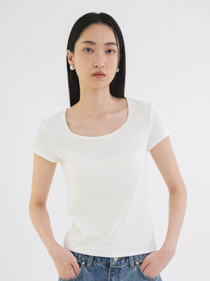 SITP5201 레트로 U넥 슬림 반팔티_Ivory