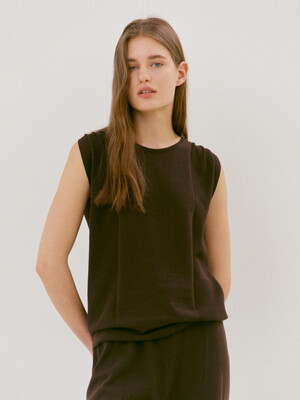 SHIRRING SHOULDER SLEEVELESS WHOLEGARMENT KNIT TOP