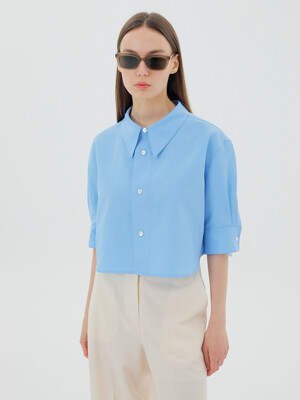 Cropped Linen-Blend Shirt Blue