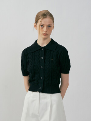 COTTON CABLE HALF SLEEVE CARDIGAN [BLACK]